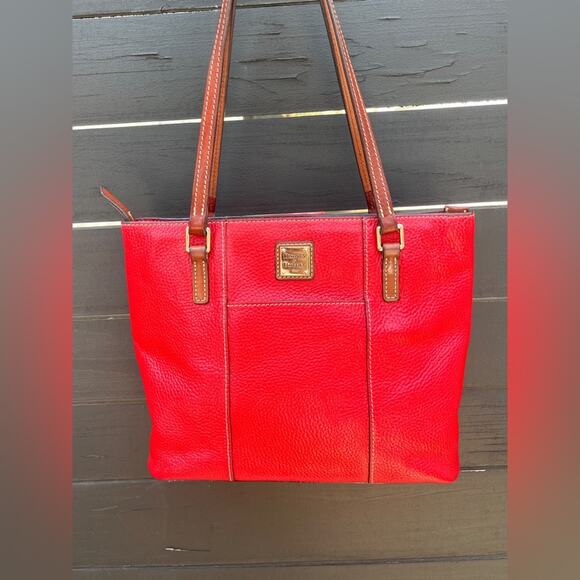 Dooney & Bourke Red Lexington Pebbled Leather Tote Bag | Brown Handles - Picture 14 of 16